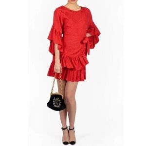 $440 Maje Red Floral Jacquard Rahima Rouge Faux Wrap Dress size 1/Small Mini